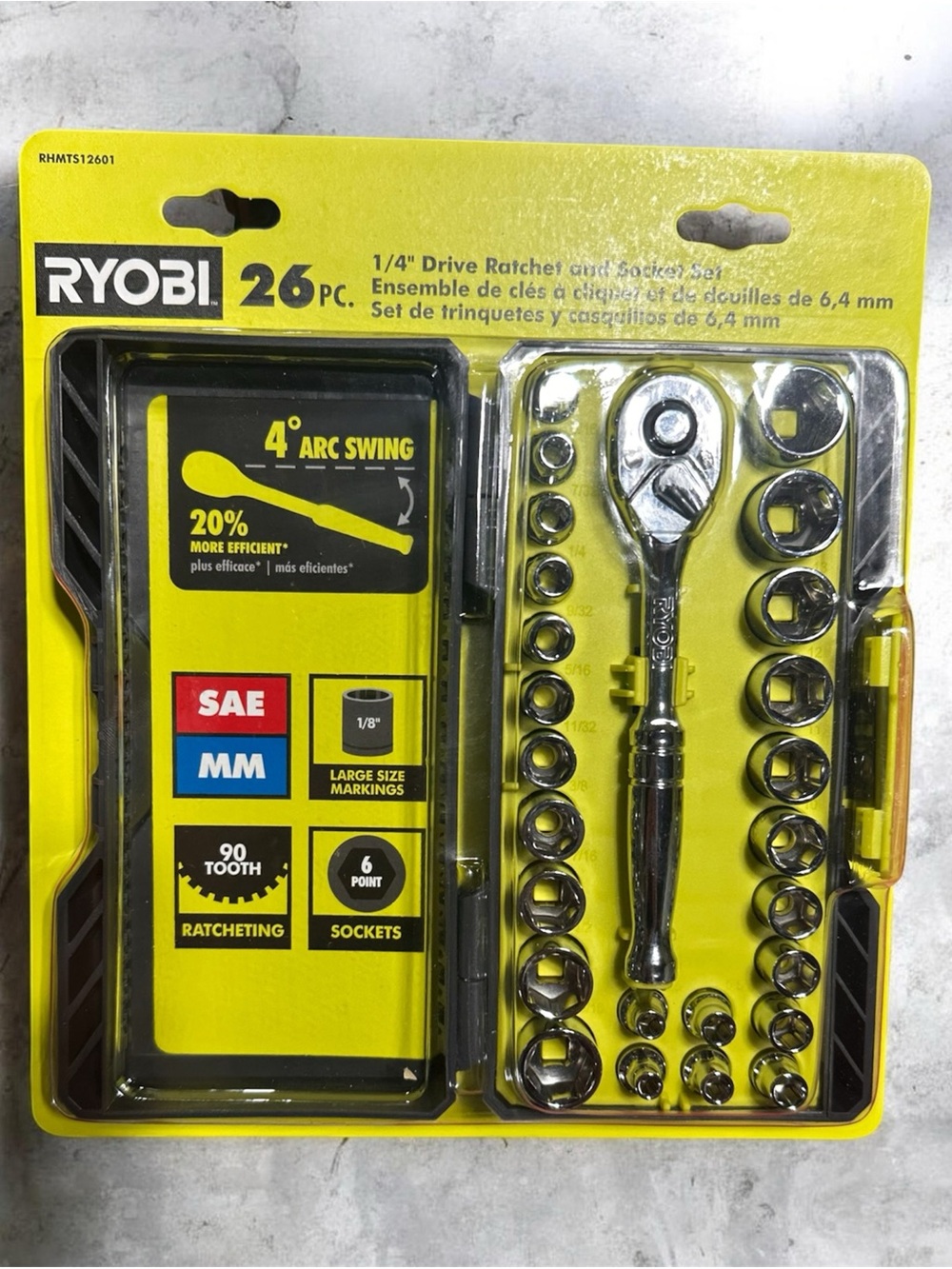 Ryobi 26-Piece 1/4" Drive Ratchet and Socket Set - Yellow/Chrome